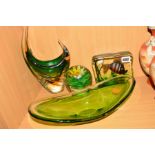 FOUR PIECES OF STUDIO GLASS, to include an aquarium paperweight, length 15cm x height 11.5cm (