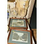 A PAIR OF TABLE LAMPS WITH SHADES AND VARIOUS PICTURES, to include facsimile 'Saxton's Map of