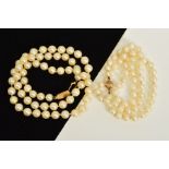 TWO CULTURED PEARL NECKLACES WITH 9CT GOLD CLASPS, both designed as single rows of near uniform