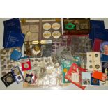 A LARGE BOX OF MIXED CONTENT COINS, 1977, 1981 silver proof boxed coins, a coin album plus