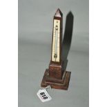 A TUNBRIDGE WARE DESK THERMOMETER, of obelisk form, with stepped base, height approximately 19cm (