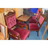 AN EDWARDIAN MAHOGANY SEVEN PIECE PARLOUR SUITE WITH BURGUNDY UPHOLSTERY, comprising of a chaise