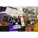 A BOX AND TUB OF COINS, YEAR SETS, SILVER PROOFS, BANKNOTES to include Victorian crowns, silver
