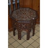 AN EARLY 20TH CENTURY OAK AND BONE INLAID ANGLO INDIAN OCTAGONAL FOLDING OCCASIONAL TABLE (losses,