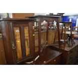 AN EDWARDIAN MAHOGANY AND BURR WALNUT POT CUPBOARD together with an Edwardian side table, an