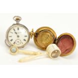 FOUR EARLY 20TH CENTURY ITEMS, to include a silver open face pocket watch, stamped 935, also a