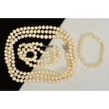 TWO CULTURED PEARL NECKLACES AND A SULTURED PEARL BRACELET, to include a long necklace, a further