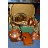 A BOX OF METALWARE AND LOOSE AND FIVE PICTURES, to include two copper kettles, an oak cigar box, two