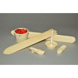 A SMALL GROUP OF LATE 19TH AND EARLY 20TH CENTURY IVORY, including a basket shaped pin cushion, a