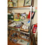 SIX BOXES AND A QUANTITY OF LOOSE CERAMICS, PICTURES, DVD's, DIE CAST VEHICLES, STAMPS ETC (all