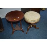 A VICTORIAN WALNUT SWIVEL TOP PIANO STOOL together with an occasional table (2)