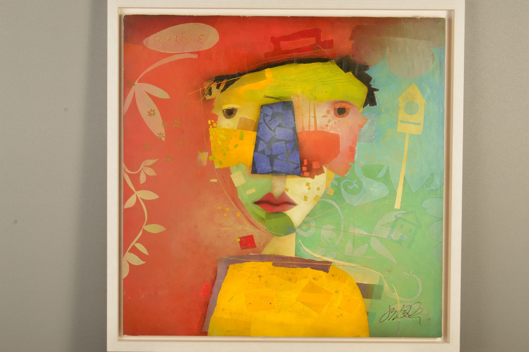 TERRI HALLMAN (AMERICAN 1962) 'QUINCE' an abstract portrait, signed lower right, mixed media on