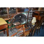 EIGHT ITEMS OF OCCASIONAL FURNITURE including two swing mirrors, a warming pan, cake stand, brass