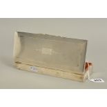 A GEORGE VI SILVER RECTANGULAR CIGARETTE BOX, engine turned and inscribed hinged cover, makers H