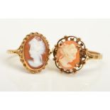 TWO 9CT GOLD CAMEO RINGS, both designed with oval cameos depicting a lady in profile to the
