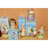 SIX BEATRIX POTTER FIGURES, comprising three Beswick Bp10a 'Old Mr Brown' (boxed), 'Peter Ate a
