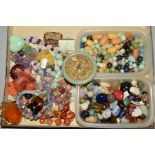 A BOX OF LOOSE SEMI-PRECIOUS GEM BEADS AND GEM JEWELLERY etc, to include a carved fluorite Buddha, a
