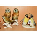 FOUR KARL ENS PORCELAIN FIGURES/GROUP, comprising Penguins, height 12.5cm, two Tawny Owls No7589,