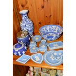 WEDGWOOD JASPERWARE etc, to include dark blue biscuit barrel and teapot, various light blue