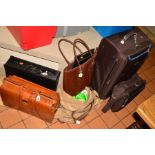 VARIOUS BAGS, LINEN etc, to include a light brown briefcase, a Carlton black leather briefcase,
