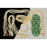 FOUR CULTURED PEARL NECKLACES AND A BRACELET, to include two multi strand 'Rice Krispie' cultured