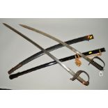 TWO MILITARY SWORDS, an Infantry Officer Sword, metal scabbard, ornate grip with crown/bugle