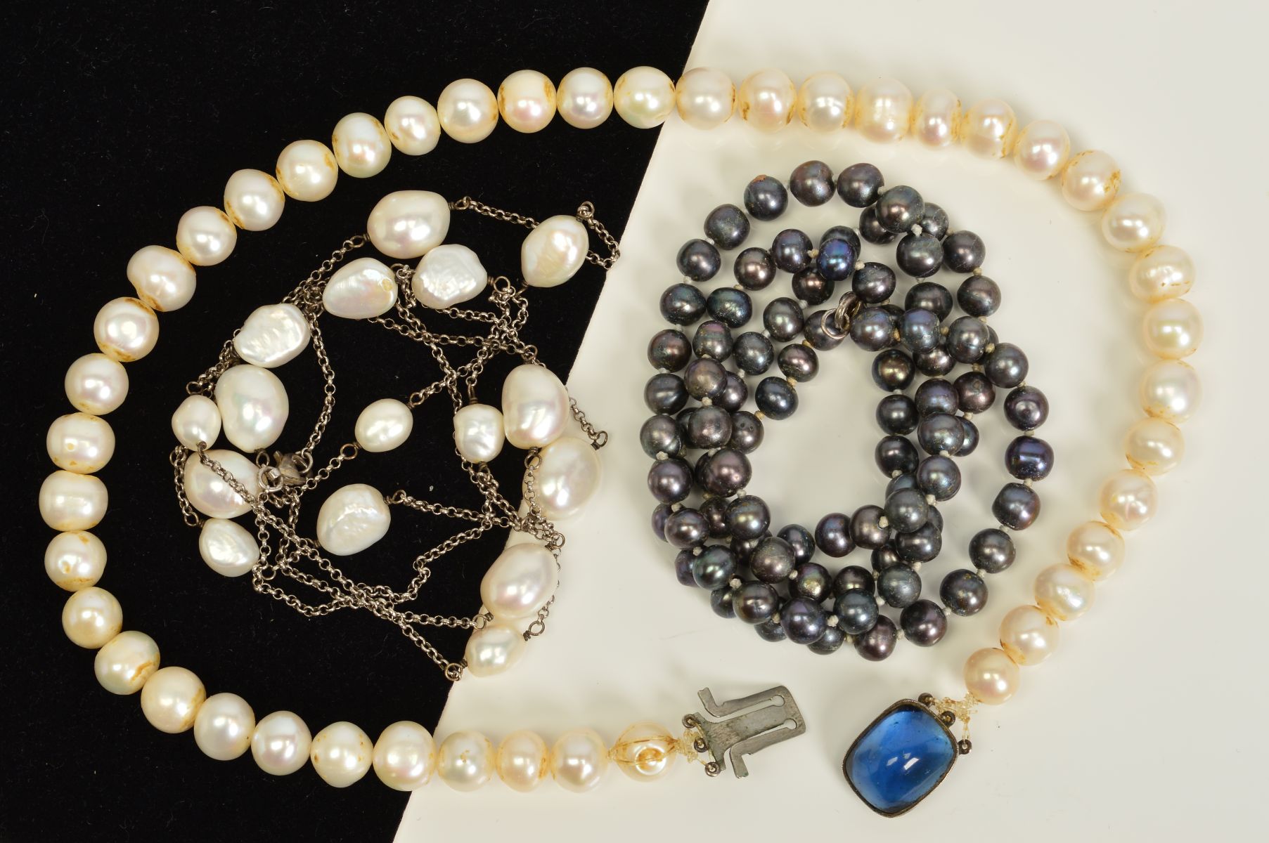 THREE CULTURED PEARL NECKLACES, to include a uniform row of dyed cultured pearls, a uniform cultured