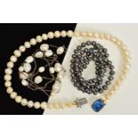 THREE CULTURED PEARL NECKLACES, to include a uniform row of dyed cultured pearls, a uniform cultured