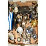 A BOX OF METALWARE, to include a butter dish, cased spoon and sugar tong sets, collectors spoons,