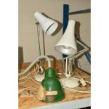 A HERBERT TERRY WHITE 'ANGLEPOISE' TABLE LAMP, a Thorlux industrial green table mounting lamp,