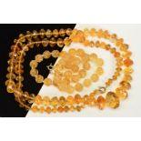 TWO CITRINE BEAD NECKLACES, the first designed as a uniform single row of carved spherical beads,