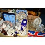 THREE BOXES OF CERAMICS AND GLASS, including boxed 'Cathedral Crystal' cut glass wine glasses,