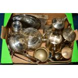 A BOX OF SILVER PLATE, including an EPBM four piece tea and coffee service, an Old Sheffield plate