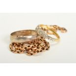 TWO RINGS AND A NECKLACE, the 18ct gold three stone diamond ring set with a central round