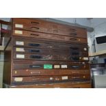 A MID 20TH CENTURY MAHOGANY NINE DRAWER TRIPLE SECTION PLAN CHEST, width 117cm x depth 88cm x height