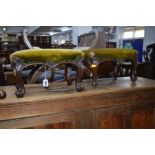 A PAIR OF VICTORIAN MAHOGANY FOOTSTOOLS with scrolled cabriole legs (sd)