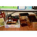 FOUR BOXES AND LOOSE SUNDRY ITEMS, to include pictures, books, various trays, letter rack/stationary