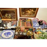 FIVE BOXES AND LOOSE SUNDRY CERAMIC, GLASS ITEMS etc, to include a pair of pictures 'Pugs and