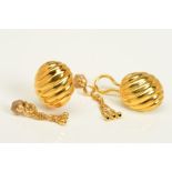 TWO PAIRS OF EARRINGS, the first pair designed as textured dome clip on earrings, with 18ct import