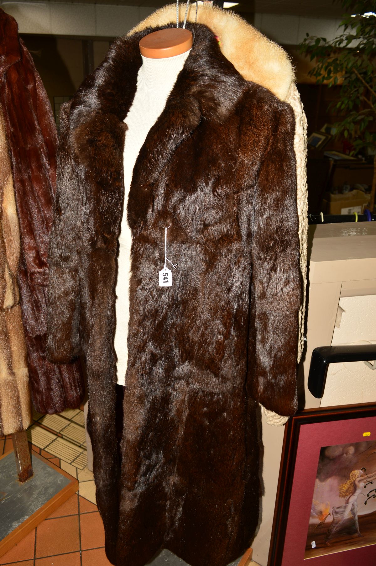 A LADIES PERSIAN LAMB THIGH LENGTH COAT, having cream mink collar, side pocket, half belt to the