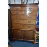 A GEORGIAN MAHOGANY SECRETAIRE CHEST ON CUPBOARD, the top section has two short over four