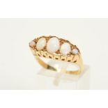 A 9CT GOLD FIVE STONE OPAL RING, designed as a row of five graduated oval and circular opal
