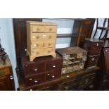 A MINIATURE PINE CHEST OF TWO SHORT AND TWO LONG DRAWERS, width 32cm x depth 17cm x height 41cm,