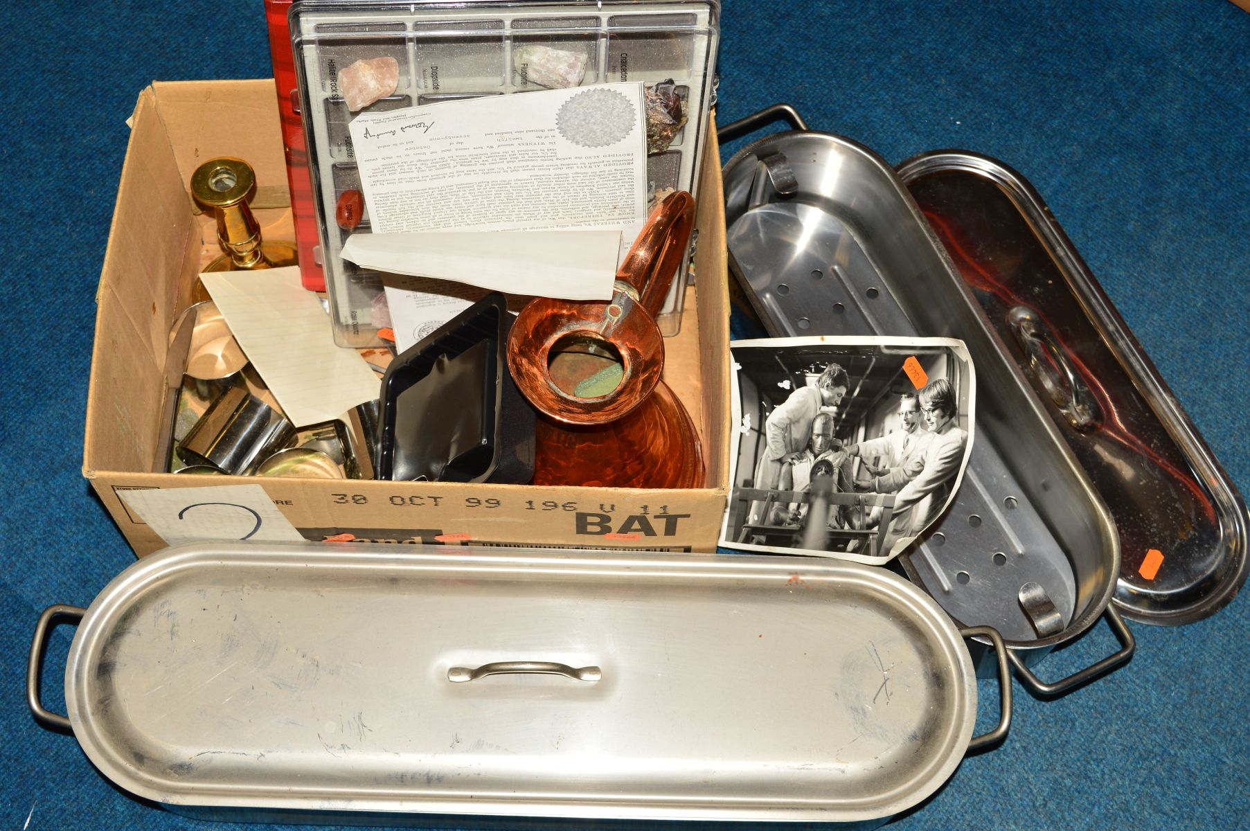 TWO FISH KETTLES, a copper haystack measure, Old Hall and Frith stainless steel/cutlery, brass