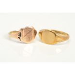 TWO SMALL SIGNET RINGS, the first a 9ct gold ring of plain design, with 9ct hallmark, ring size L,