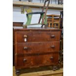 A VICTORIAN FLAME MAHOGANY CHEST OF THREE LONG DRAWERS, width 91cm x depth 46cm x height 89.5cm,