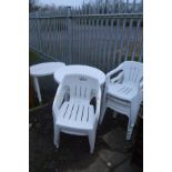 TWO WHITE CIRCULAR PLASTIC GARDEN TABLES with nine matching stacking armchairs (11) (The contents of
