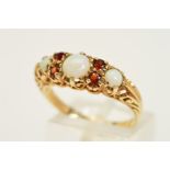 A 9CT GOLD OPAL AND GARNET RING, designed as three graduated circular opal cabochons interspaced