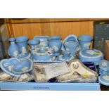 WEDGWOOD BLUE JASPERWARE TRINKETS AND VASES (17) together with a boxed limited edition Wedgwood