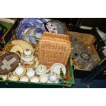 THREE BOXES OF CERAMICS, GLASSWARE, SUNDRIES ETC to include Royal Albert Crown China part tea